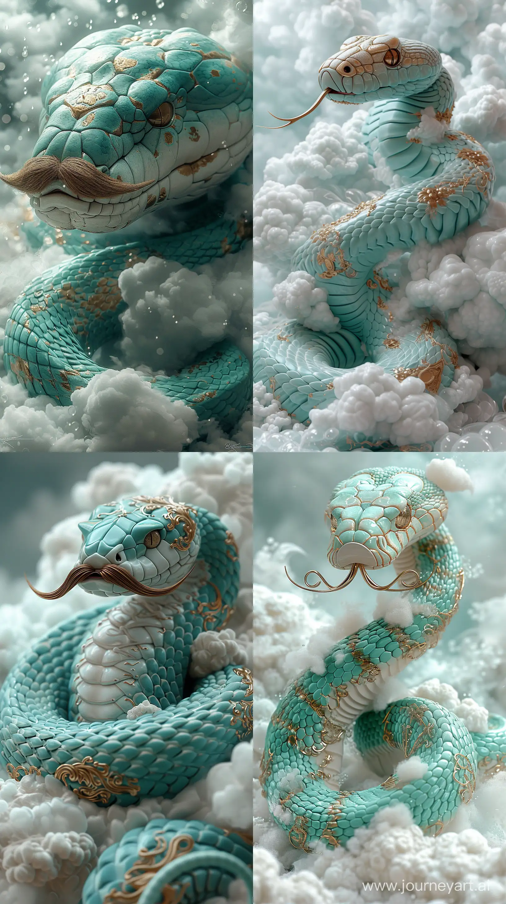 Cobra with mustache sleeping on clouds, translucent glass, zbrush,turquoise and gold style, anime aesthetics, furry art, turquoise and white, elaborate, 3d, c4d rendering, 8k, super high detail --ar 9:16 --stylize 250 --v 6