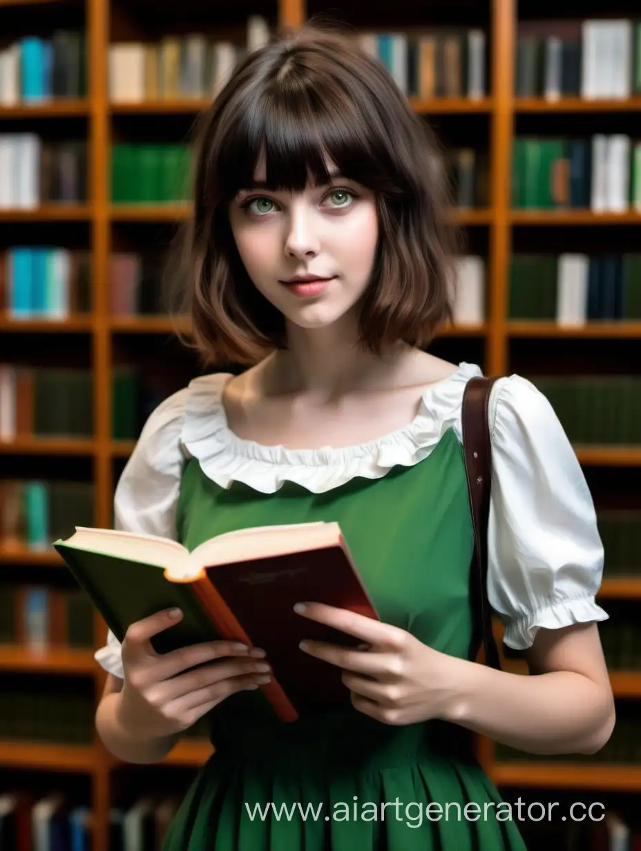 Draw a girl with short dark brown (chestnut) hair shoulder-length, with bangs, greenish-gray or green eyes in the library. She should be holding a book, and she's dressed in a dress.