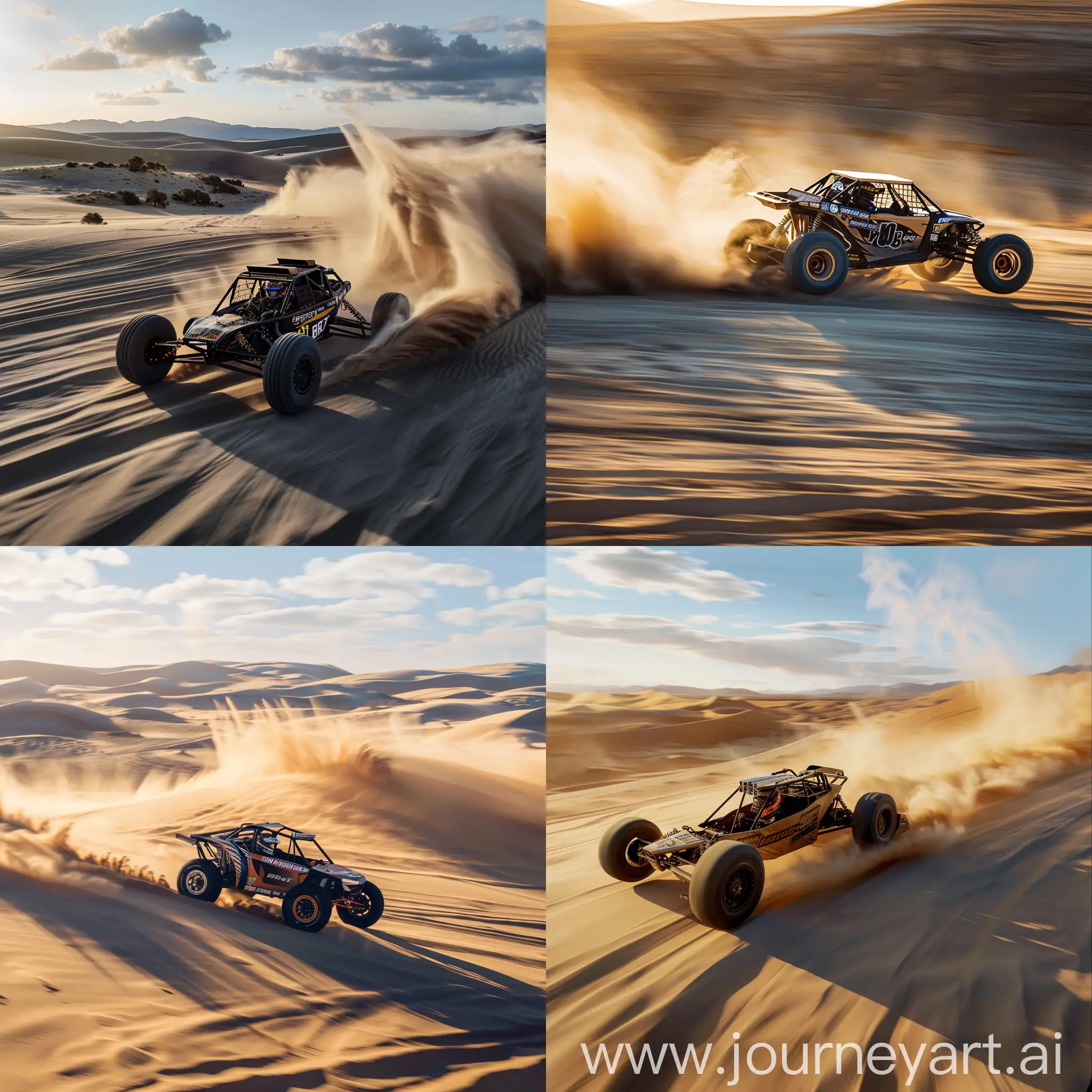 Dynamic action shot, off-road racing buggy mid-drift, desert dunes, telephoto lens likely 70-200mm f/2.8, high shutter speed approx. 1/1000 sec, low ISO, possibly around 100, aperture wide open to isolate subject and motion, tripod or monopod for stability, high resolution, sharp focus, polarizing filter to enhance blues and manage reflections, late afternoon golden hour lighting, long shadows, enhanced contrast, dust cloud texture emphasized. --style raw 