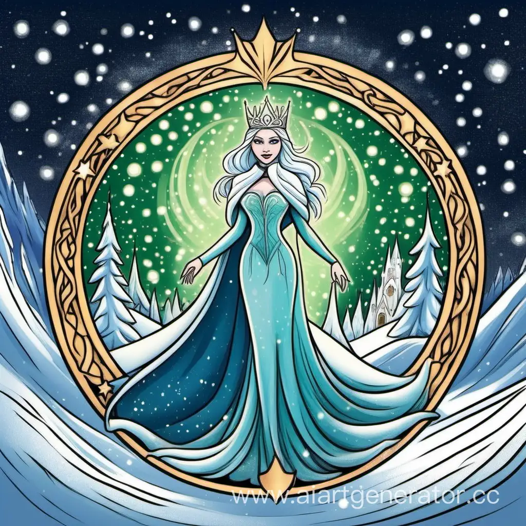 Нарисуй эмблему , где изображена снежная королева и северное сияние 