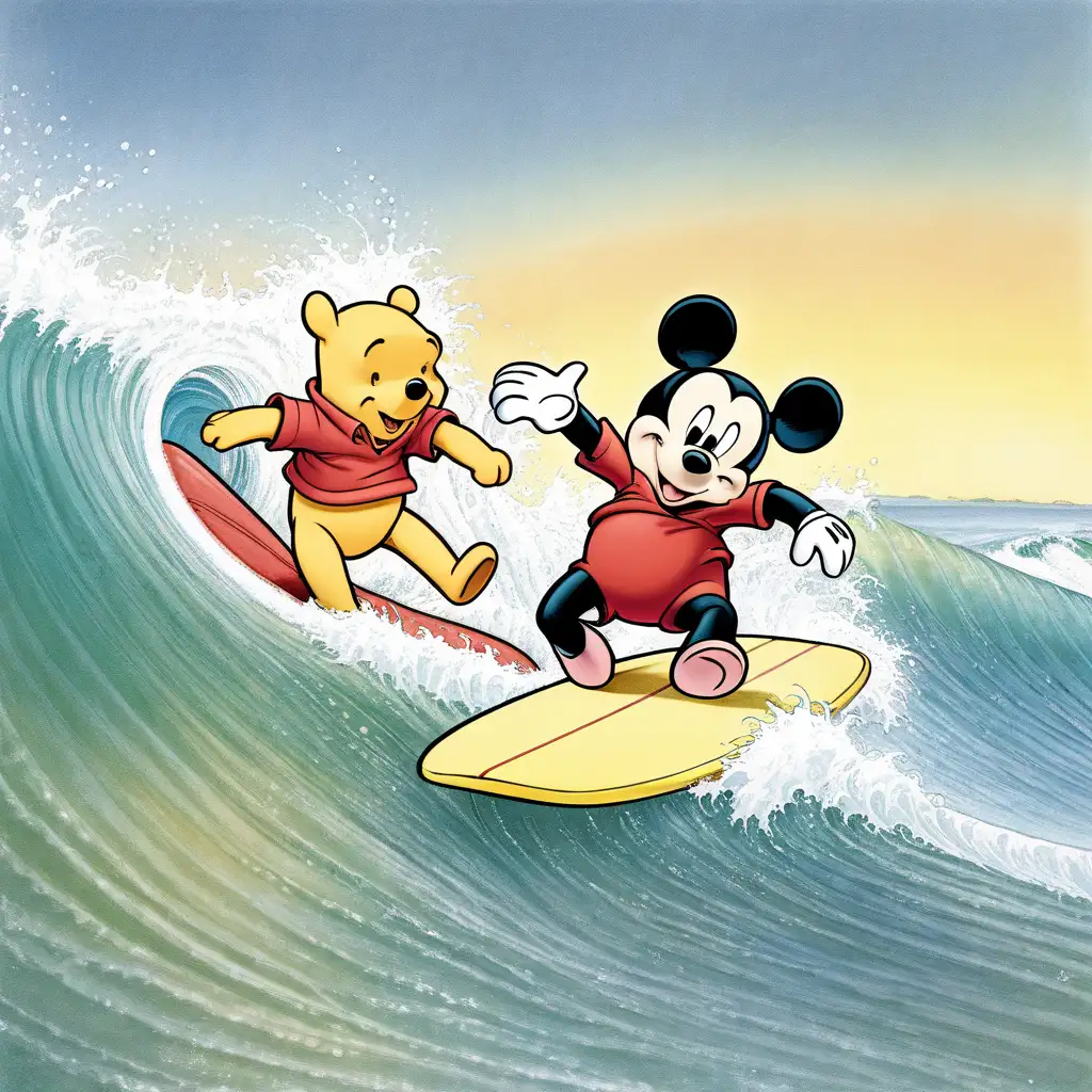 Cartoon Characters Winnie the Pooh and Mickey Mouse Surfing Together