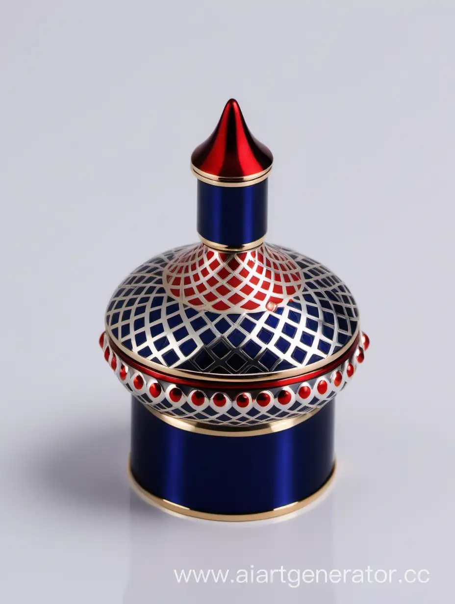 Shiny-Dark-Blue-Zamac-Perfume-Cap-with-Matt-Red-White-Border-and-Arabesque-Pattern