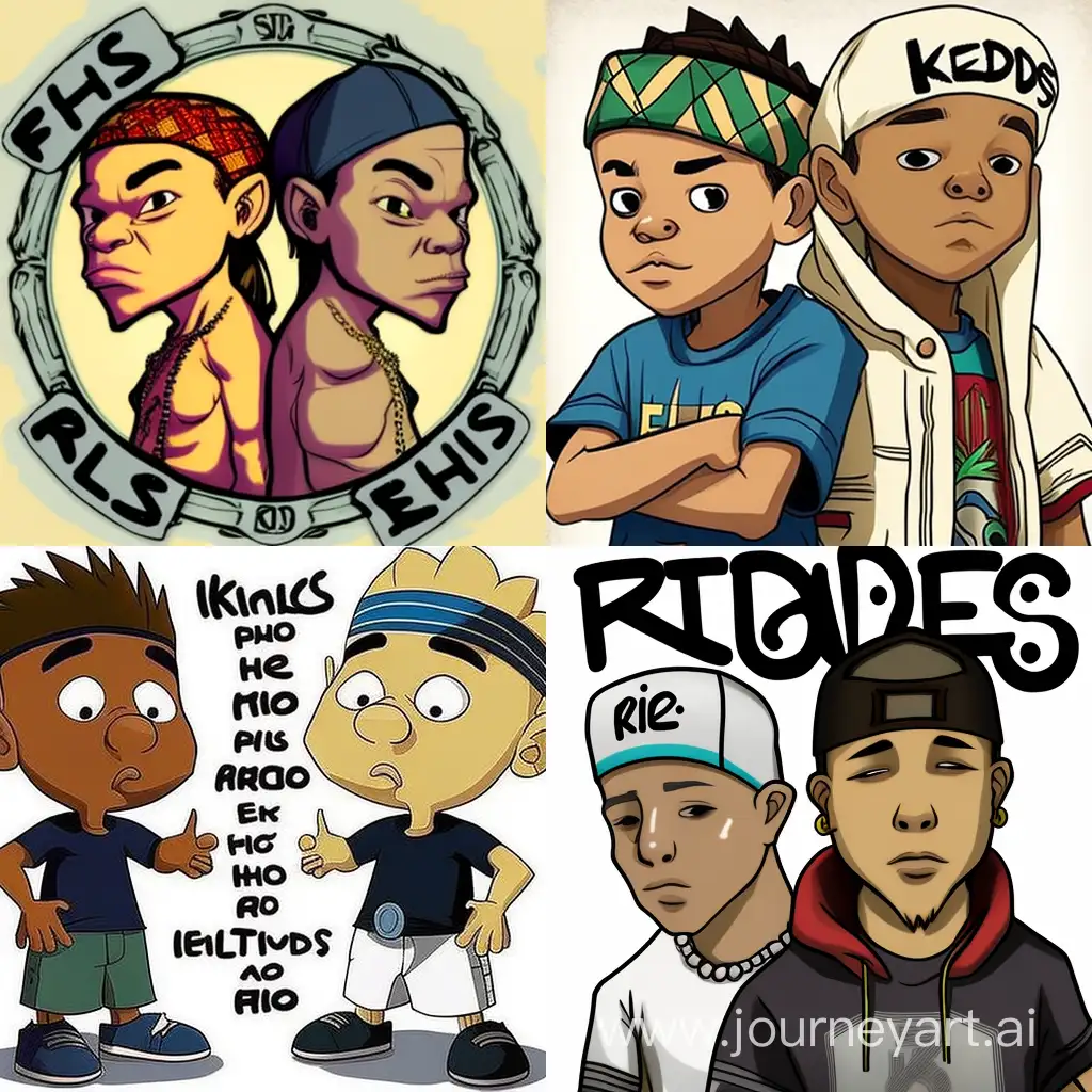 make me a post with rap references like 50 cent and eminem style cartoon, with the letters name in the frame "Filhos do Kaos", this two imagens will represent two brothers, but make less real and most cartum, one oh tne is white boy and the other is not. the brothers are mestiços between indigenous people, bolivian people and white people, one of then have 31 years, isd older and be strong, onether is a skinny guy and havemedium long hair