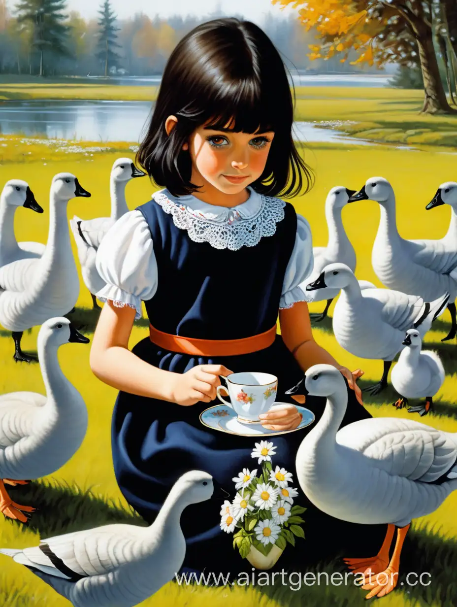 Enchanting-Teaparty-DarkHaired-Girl-Child-and-Geese-in-Delightful-Gathering