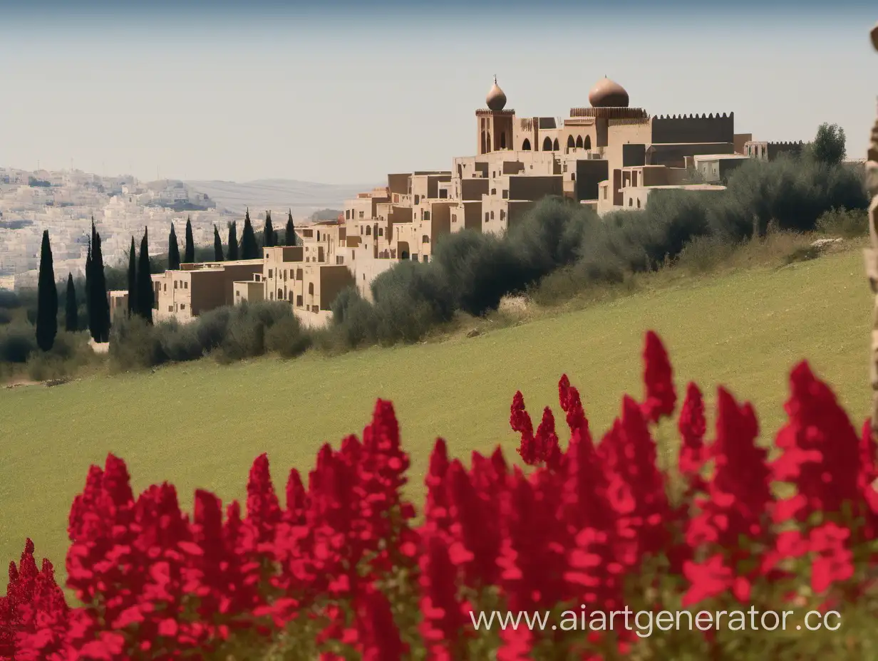 Hills, red flowers, a strange medieval arabic building in far