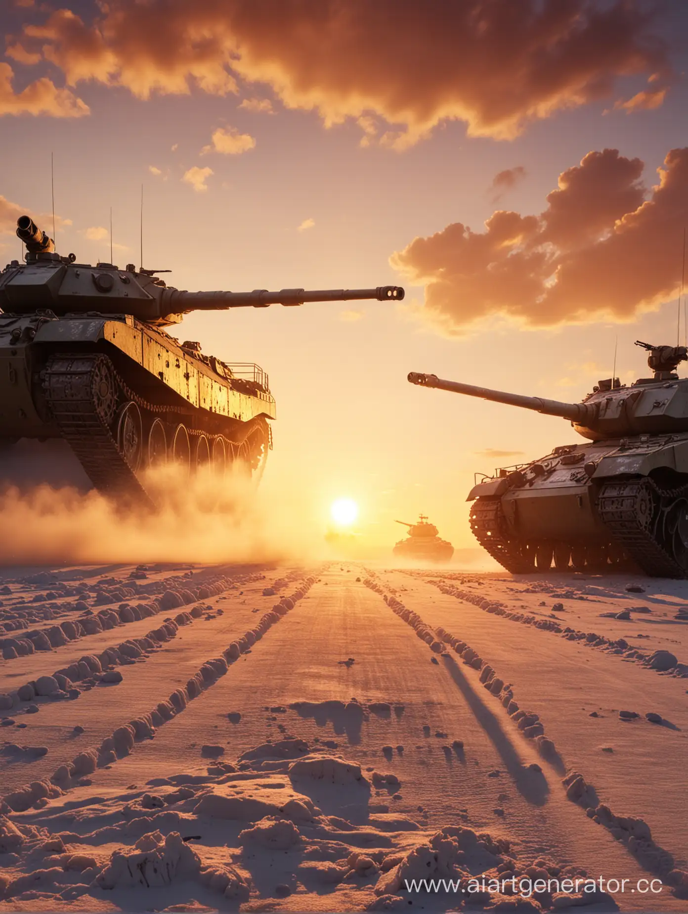противостояние двух танков друг напротив друга СССР и США, будущее, мрачно, 4K, холодная война, сзади на фоне закат