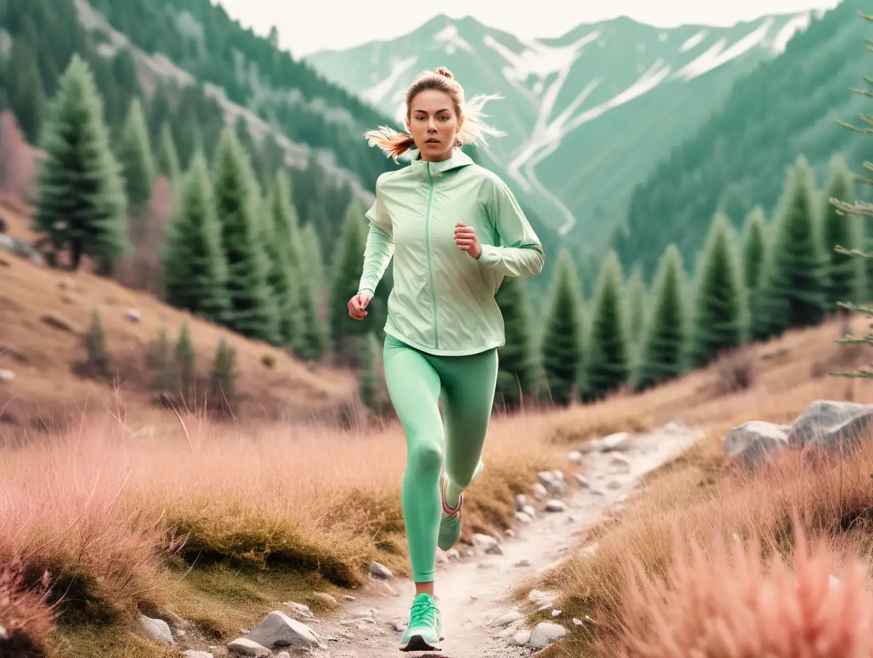 female running in the mountians wearing pastel clothes. Green colored trees
