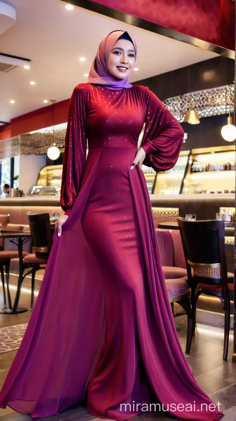 Foto Full body Wanita Indonesia memakai dress shimmer warna merah dan memakai hijab warnaungu sedang berdiri di dalam caffe mewah