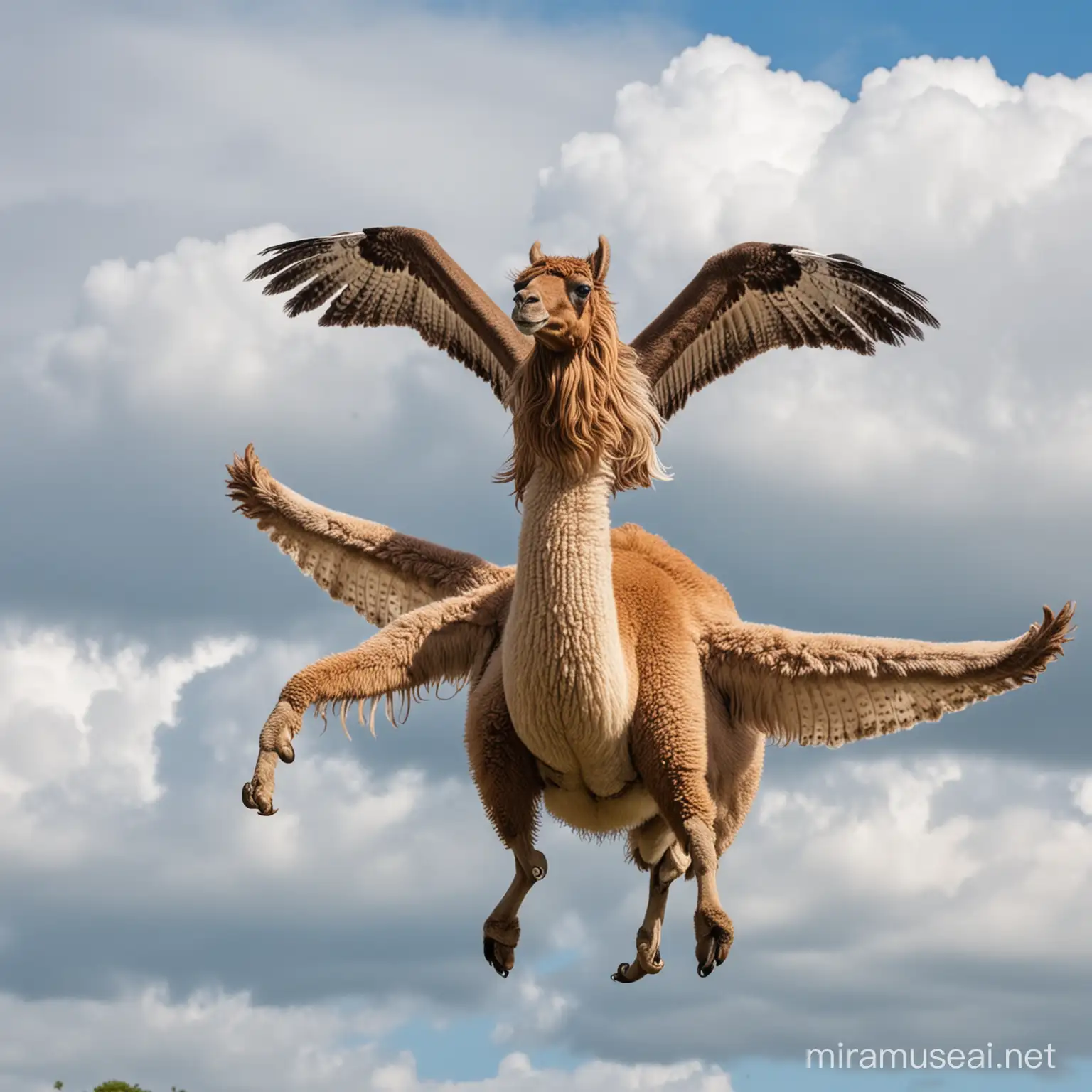 Hybrid of a llama and an octopus. Flying In the sky over Hyde Park in London.
