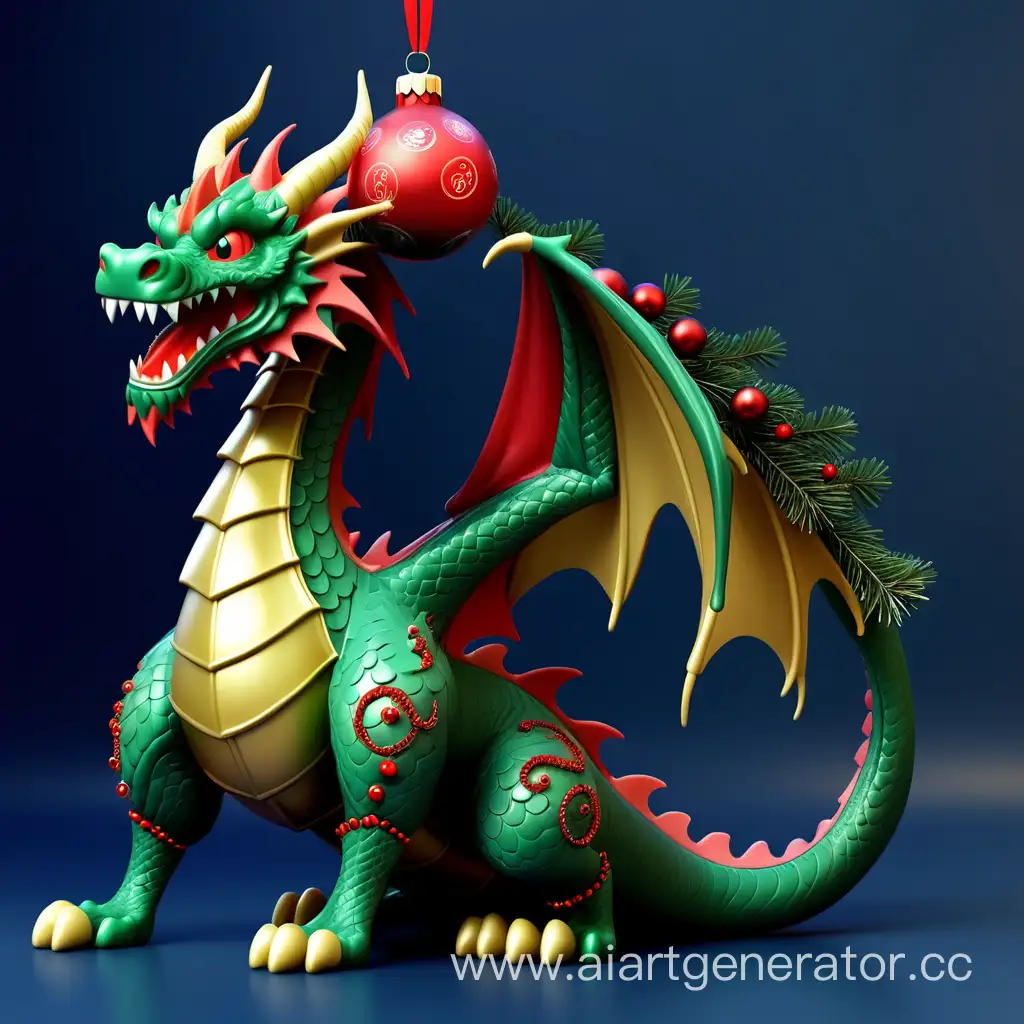 новогодний дракон с елочной игрушкой на хвосте