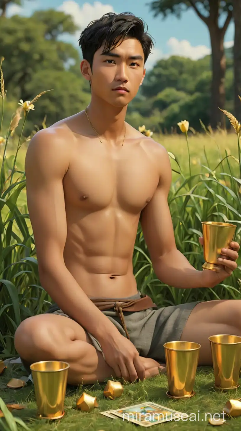Four of cups tarot card: 3D Art but make it one hot young asian man sitting shirtless on the grass looking slightly lost, with 4 golden cups