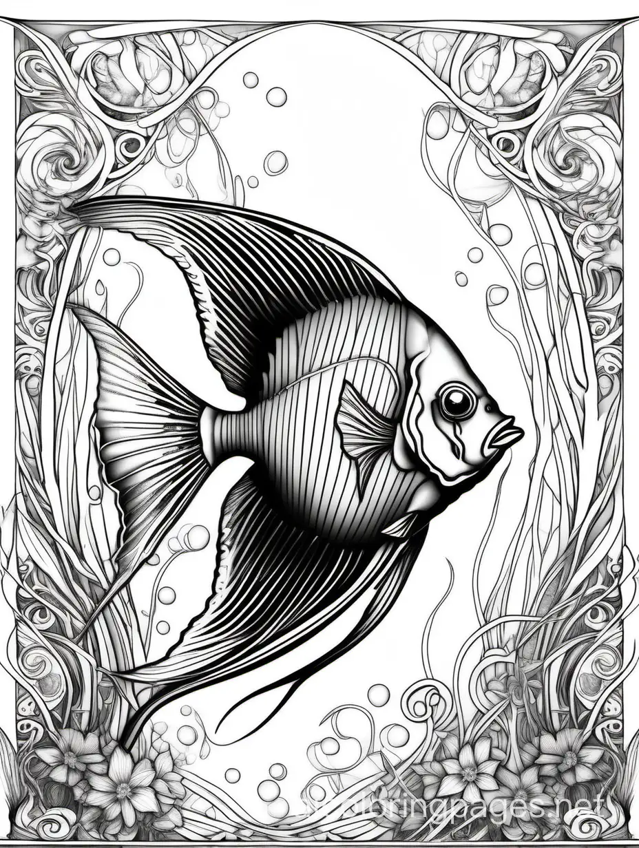 Angelfish fantasy, ethereal, beautiful, Art nouveau, in the style of Yossi Kotler,, Coloring Page, black and white, line art, white background, Simplicity, Ample White Space. The background of the coloring page is plain white to make it easy for young children to color within the lines. The outlines of all the subjects are easy to distinguish, making it simple for kids to color without too much difficulty