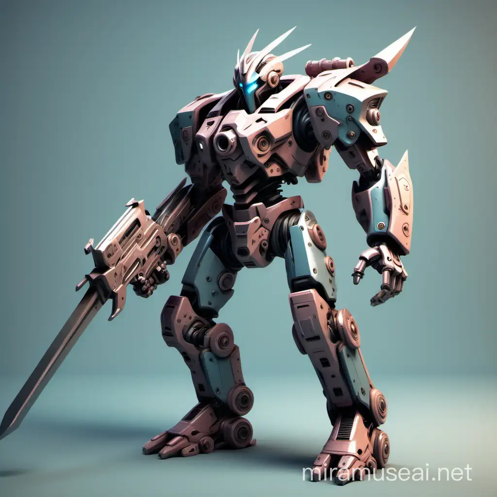 Stylized 3D Mech Warrior with Sword and Pistol in Muted Colors