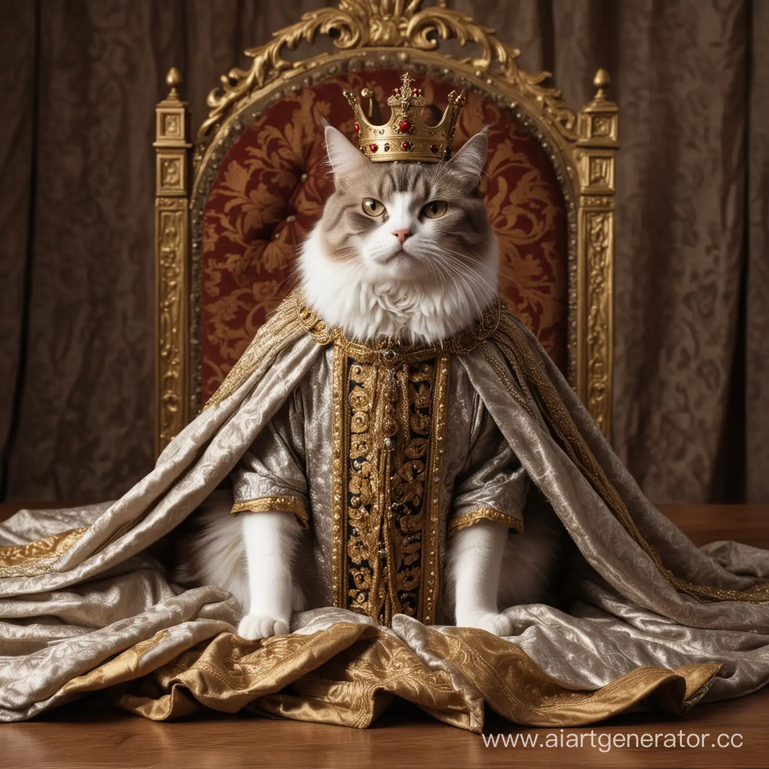 a cat in a king's clothes, a cat in a king's clothes sitting at the king's table with the dignity of a king, angry, his eyes are shining with anger. in a screaming position.