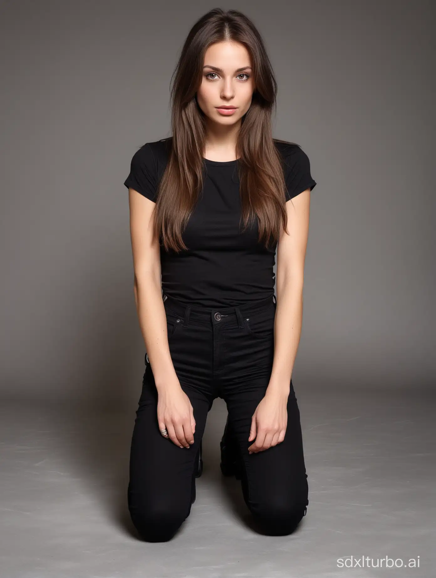 fetal position, , Super delicate photograph, tall brunette polish girl,she has a long face, square jaw and dimples, full body, (work black pants without pockets), the pants have a slight silky texture, (plain black t-shirt), long straight hair, confident, elegant, slutty, safety boots,