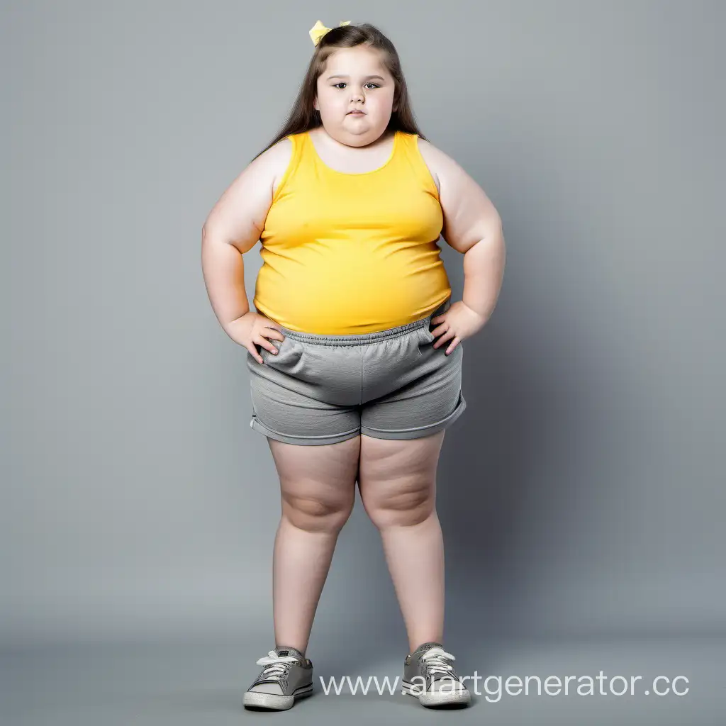 Fat girl in yellow singlet and grey shorts, 12 years, with long legs, full body