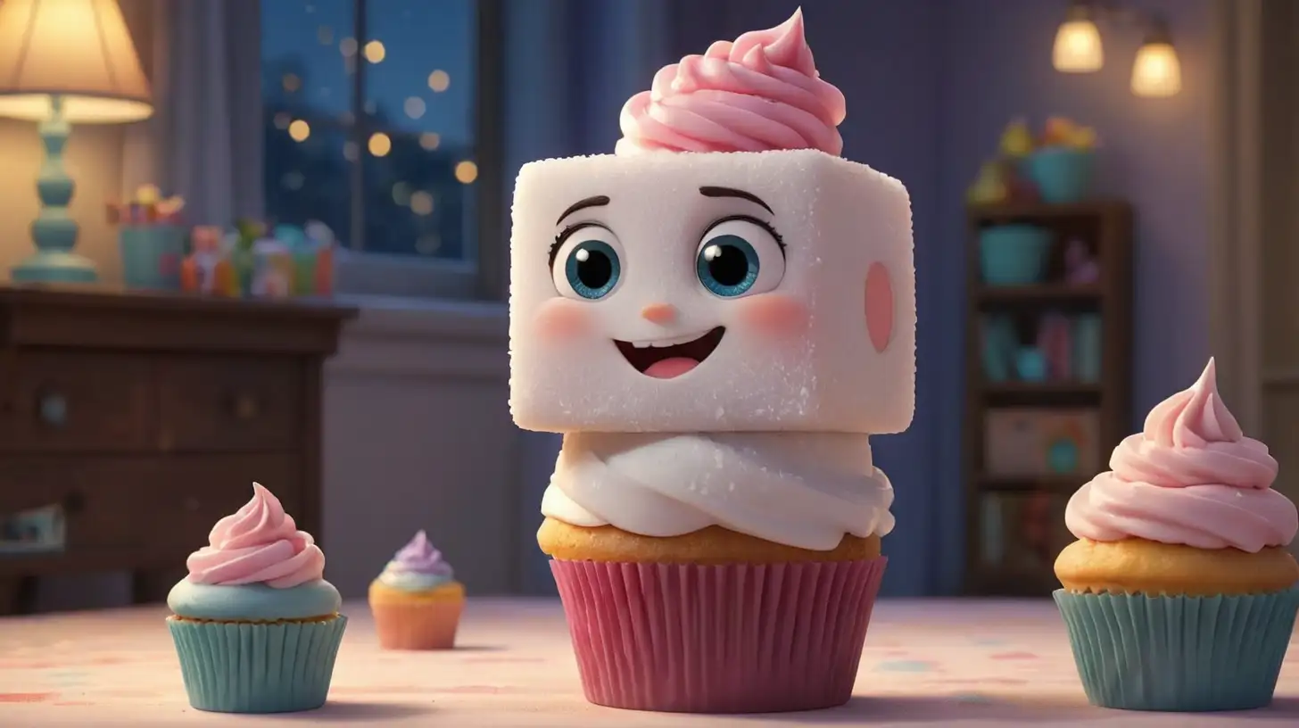 A little cute sugar cube hugging a cupcake, in children's room like it's doing a fashion show, pixar movie style, at night
