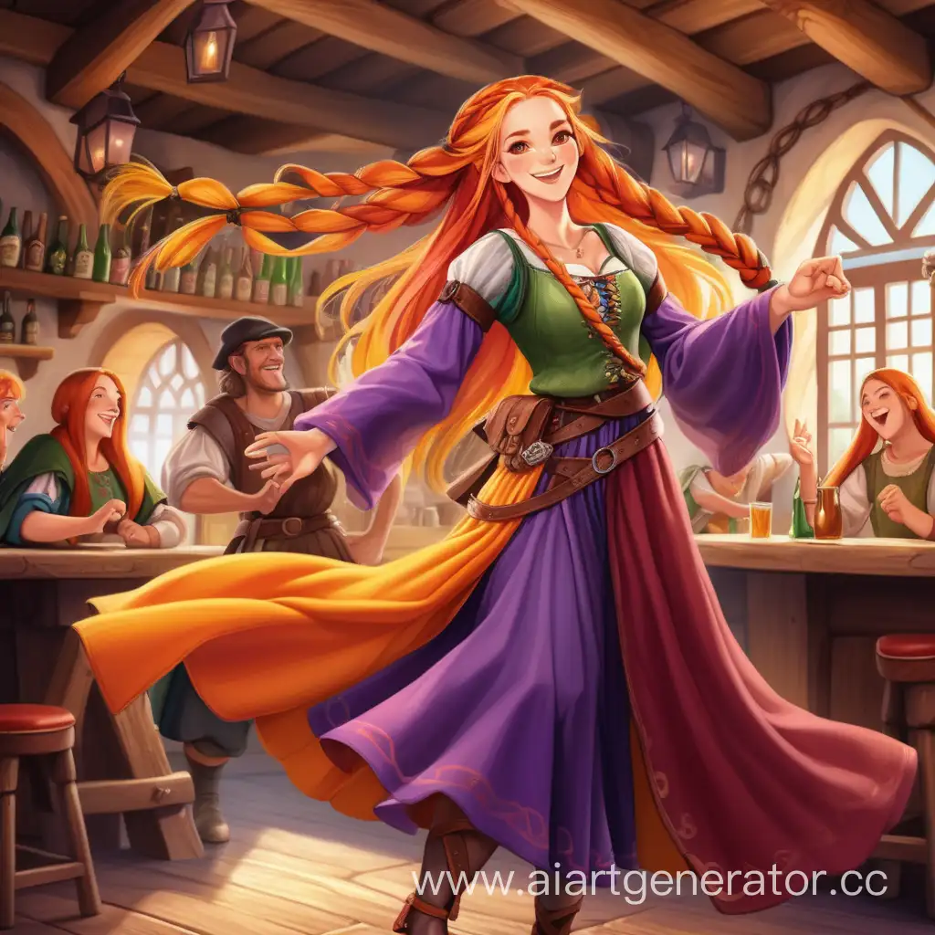 Весëлая девушка средневековый охотник танцует в таверне , длинная заплетëнная через плечо коса , красный оранжевый и жëлтый градиент волос , зелëные глаза , фиолетовый плащ , полный рост