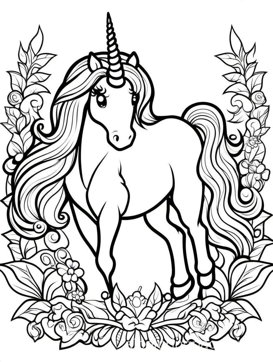 unicorn  for kids, Coloring Page, black and white, line art, white background, Simplicity, Ample White Space. The background of the coloring page is plain white to make it easy for young children to color within the lines. The outlines of all the subjects are easy to distinguish, making it simple for kids to color without too much difficulty