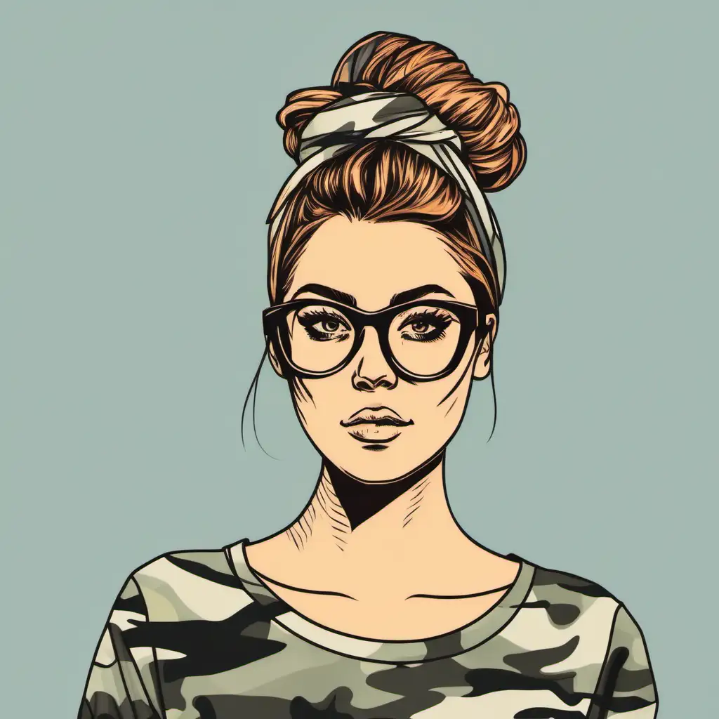 Woman messy bun hairstyle with camo headband and glasses hand drawn vector illustration