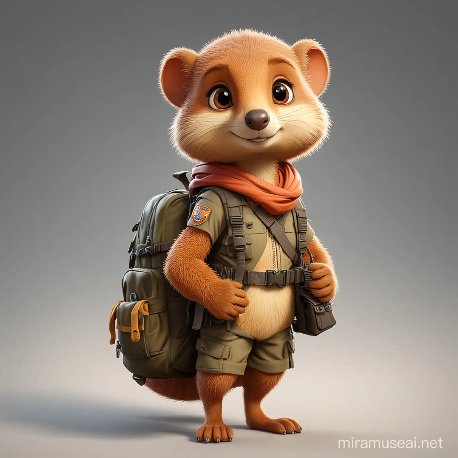 cute female cartoon mongoose wearing an adventure backpack