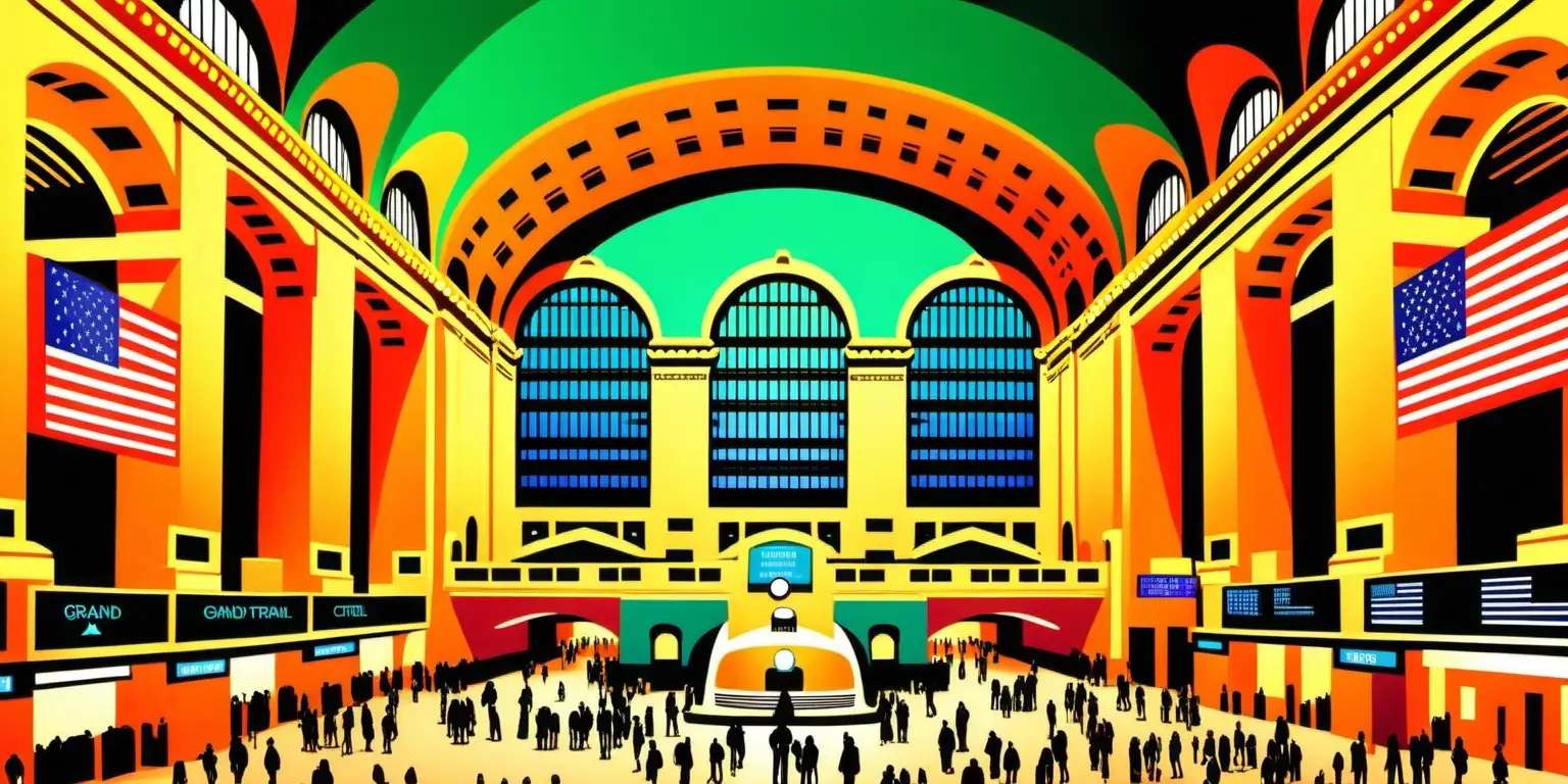 Vibrant Cartoon Depiction of Grand Central Station