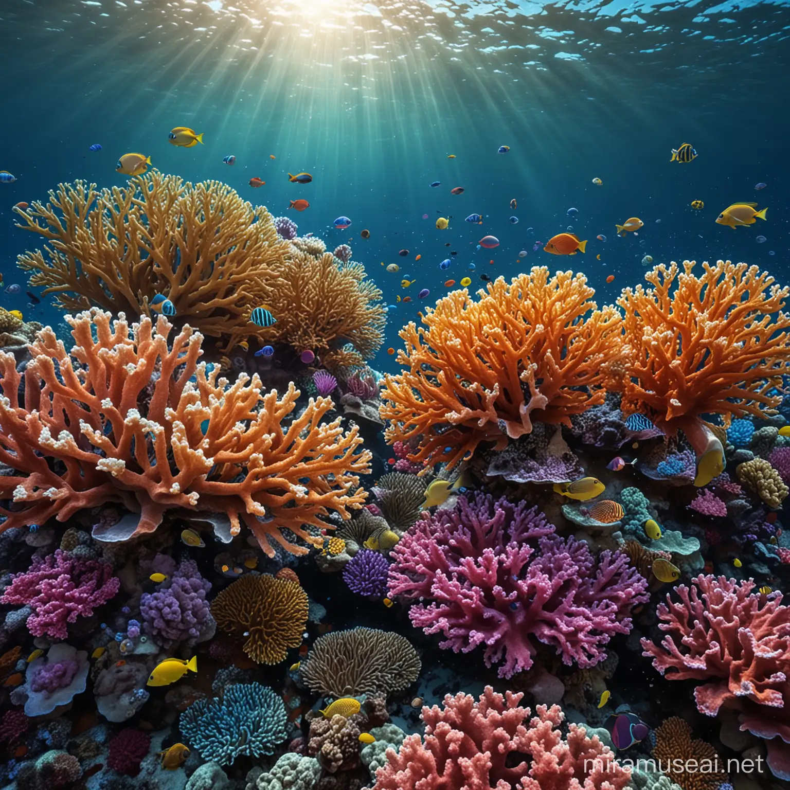 Underwater world, beautiful colorful corals, colorful fish, left and right, sparkling, photorealistic, Nikon for D850, ultra realistic, high octane visualization, 8K