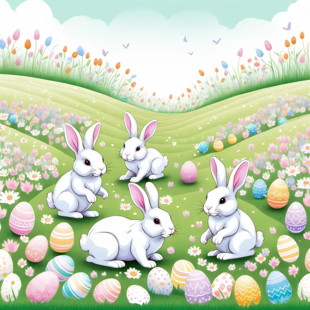 fairytale,whimsical,cartoon, easter ,spring flower field, WITH BUNNIES 
bright pastel, white background,