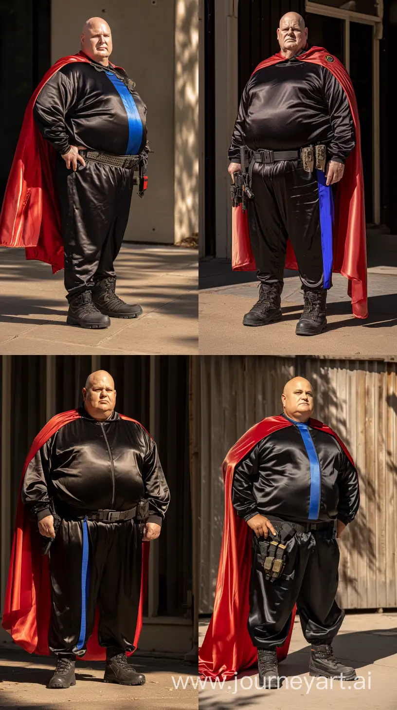 Fashion portrait photo of a chubby man aged 70 wearing a silky black tracksuit. There is a royal blue vertical stripe only on the side of the pants. He has a tactical belt with a gun. He has a big red cape. Black Hiking Boots. He is standing guard. Direct Sunlight. Bald. Clean Shaven. Outside. --style raw --ar 9:16 --v 6