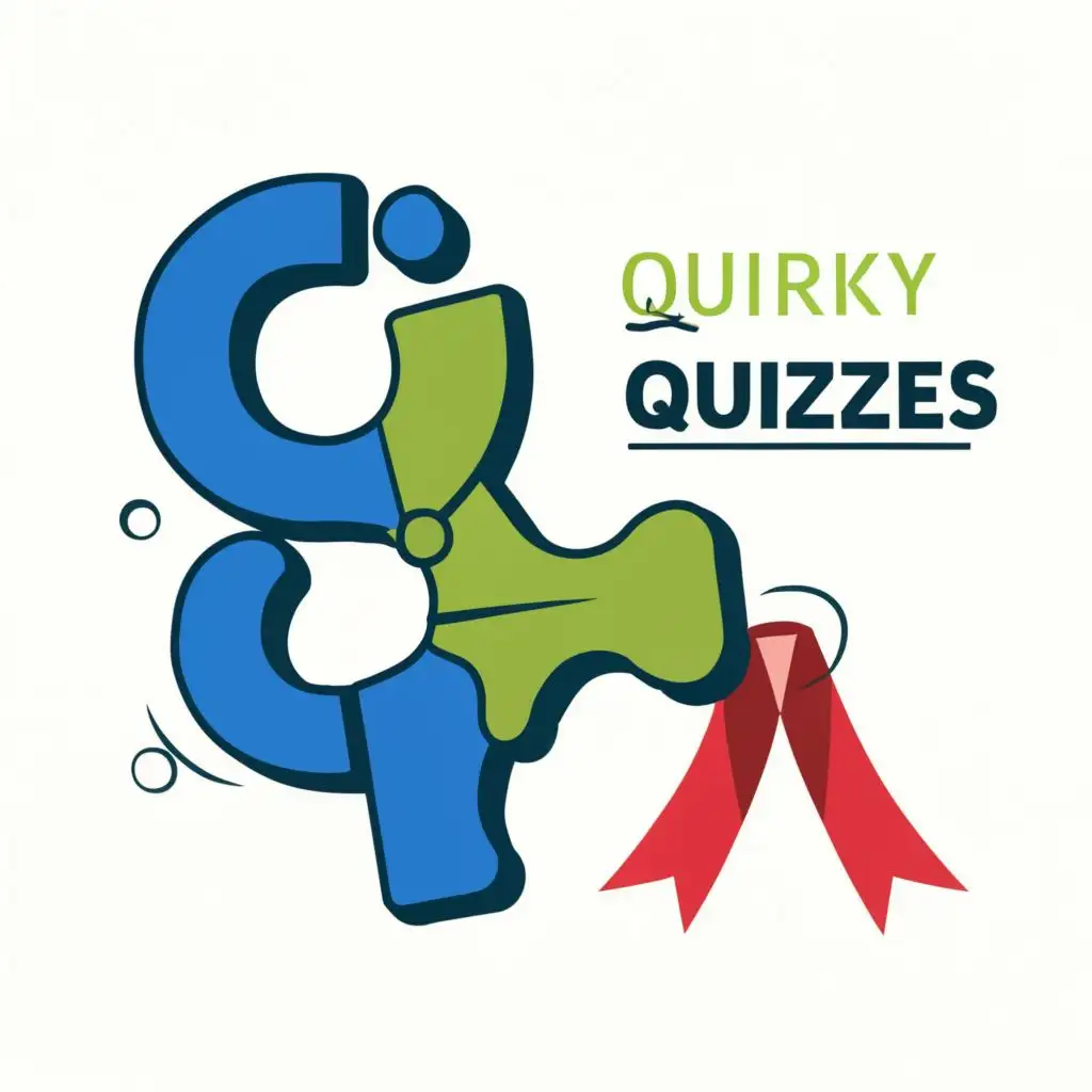 logo, A blue and green puzzle piece with a Q on it, and a red ribbon with the word "Challenge" on it. The words "Quirky Quizzes" are written above the puzzle piece in a bold font., with the text "Quirky Quizzes Challenge", typography