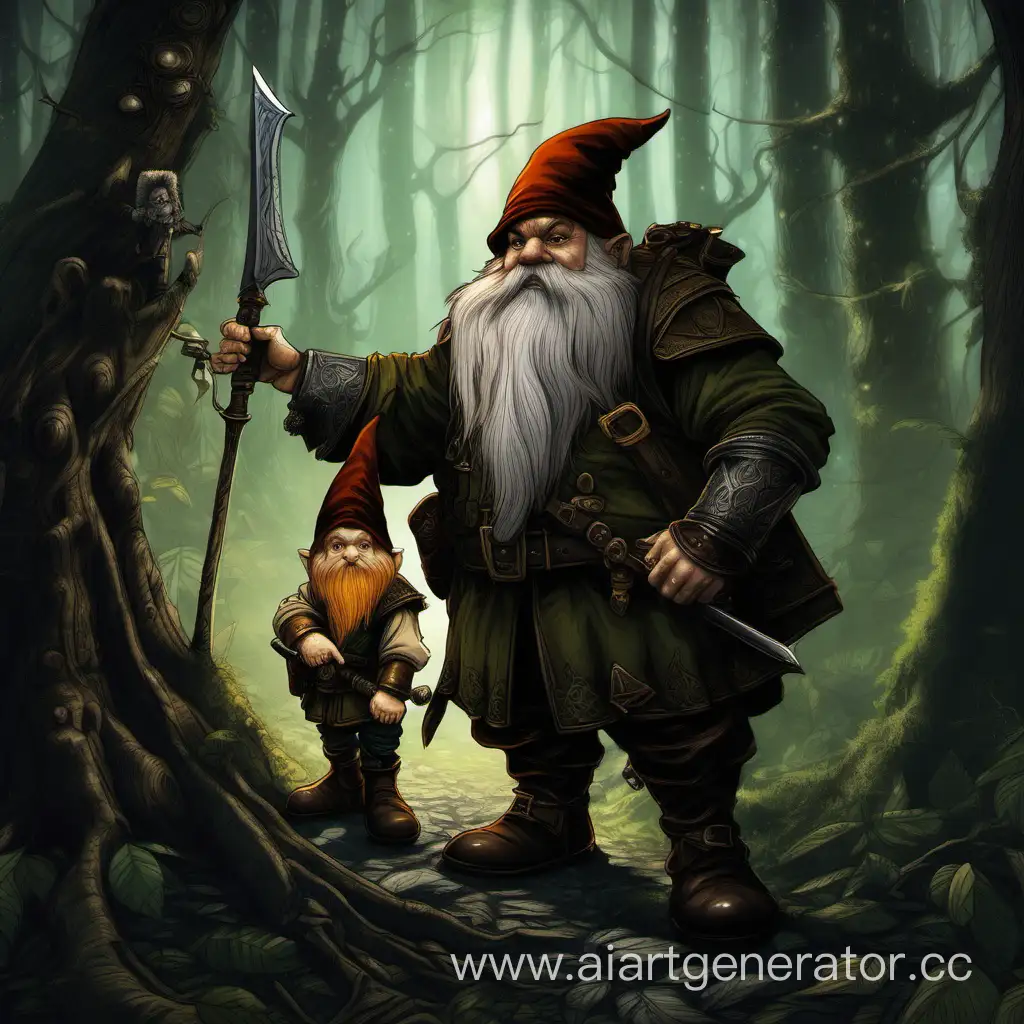 Gnome and The Dwarf Hunter in the wood dark fantasy