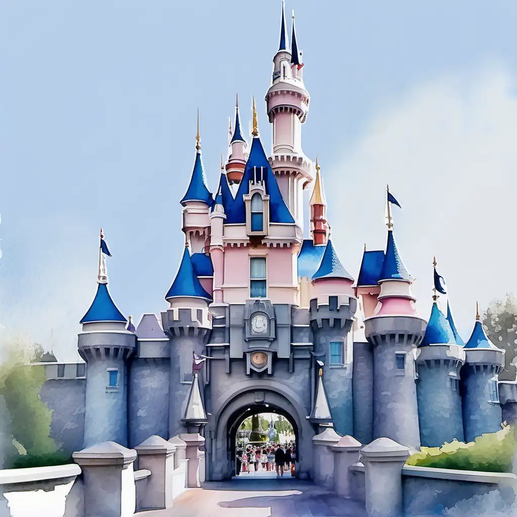 Disneyland castle as a watercolor painting.  white border