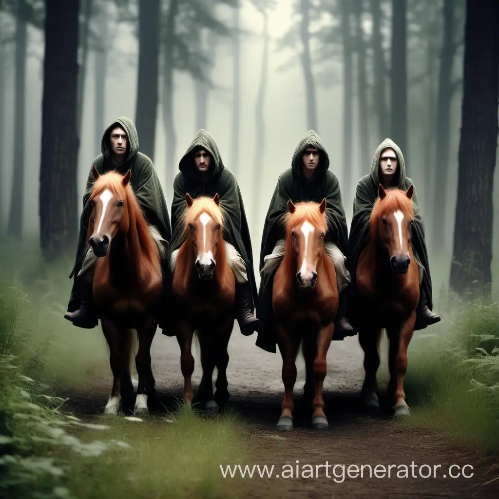 Four frightened hooded hobbits on the ponies in the gloomy summer Old Forrest