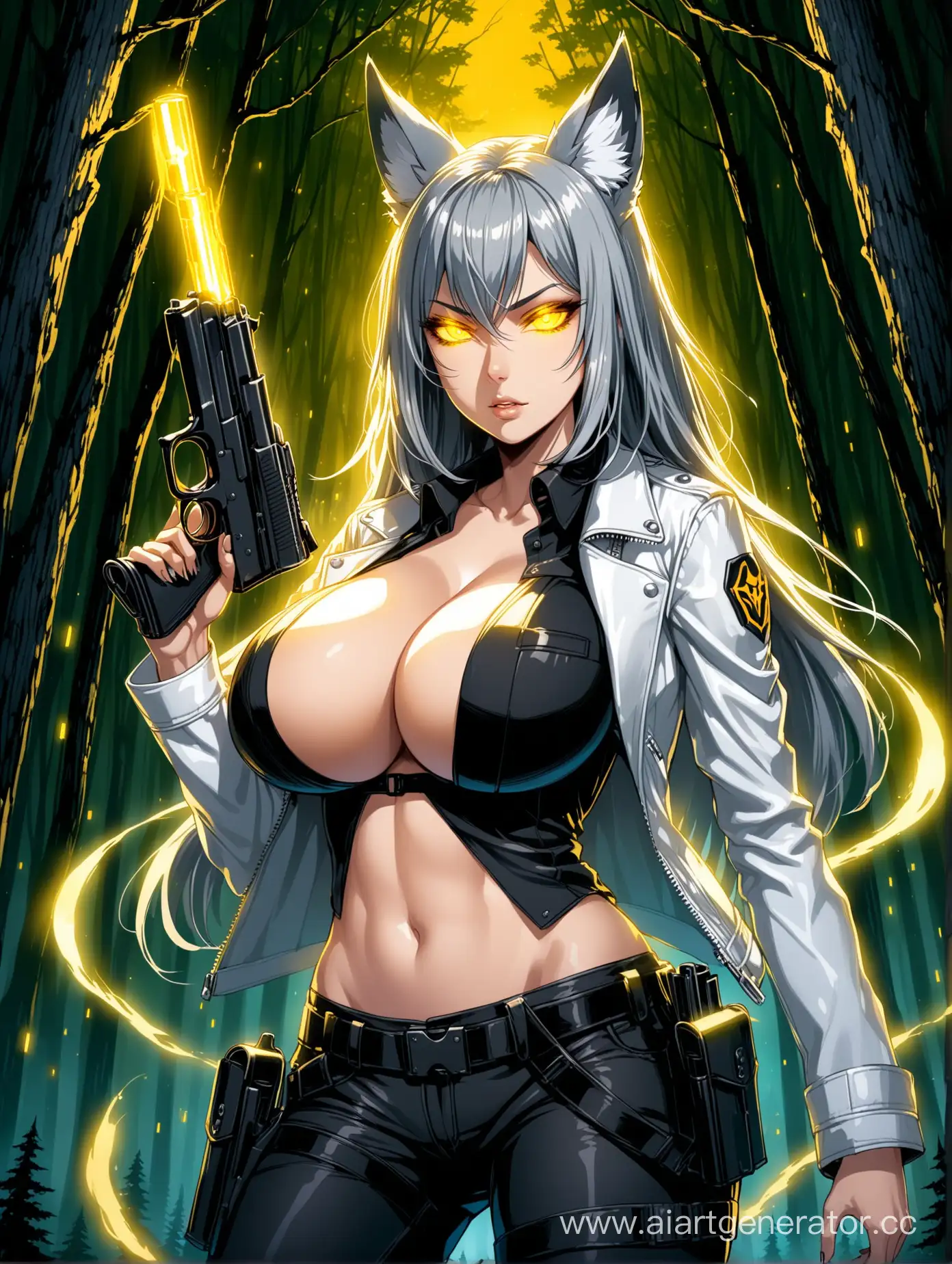 grey hair, fox ears, long hair, yellow glowing eyes, smoky eyes, slim face, angular and fierce facial features, white girl, mid 20s, huge breasts, perfect breasts, black shirt, white leather jacket, slim body, black pants, double holster with 2 guns, night forest