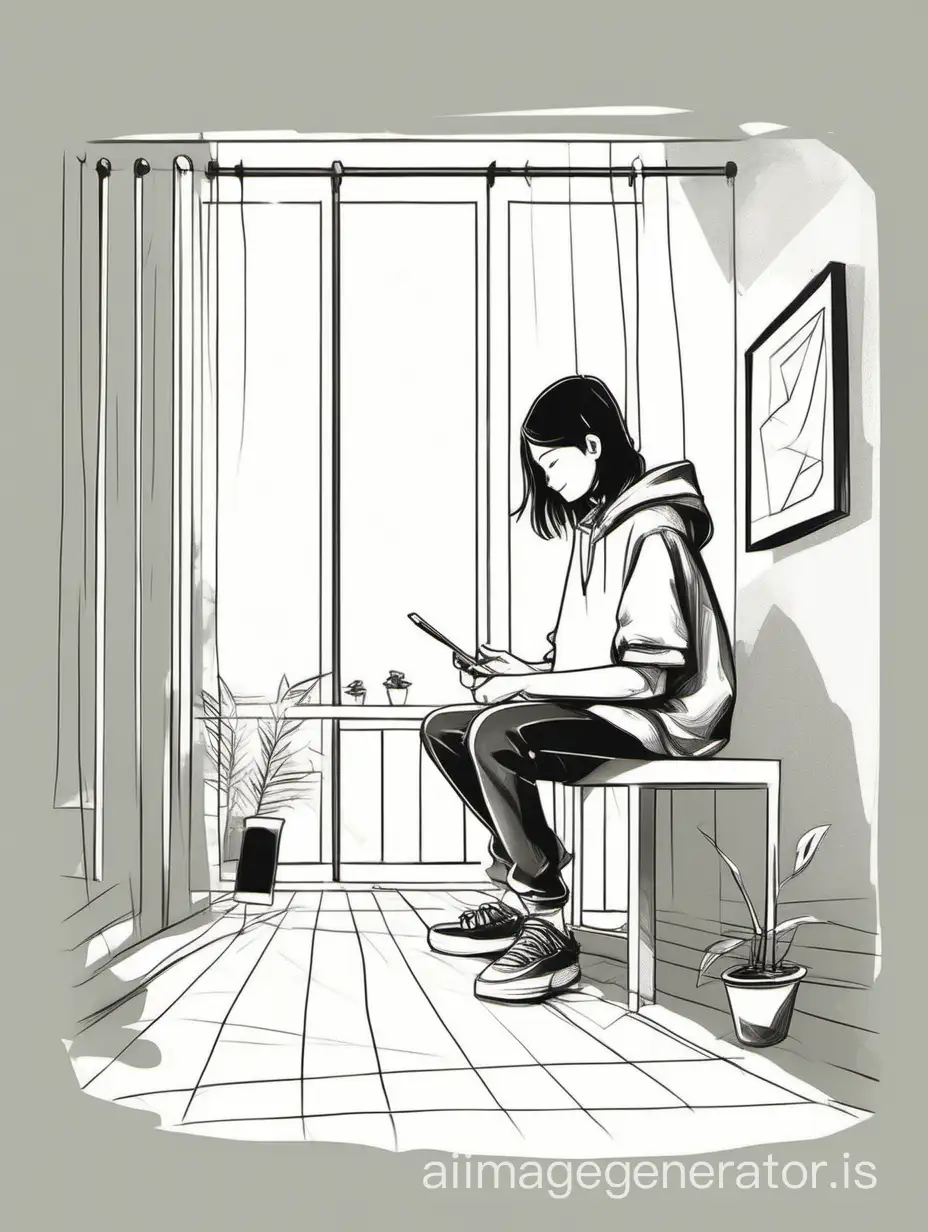 A joyful, smiling teenager sitting alone and engaged in some activity may be a hobby and not notice others. Minimalistic style, art