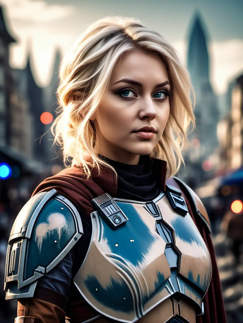 Beautiful Nordic woman, very attractive face, detailed eyes, big breasts, slim body, messy blonde hair, wearing a Bo Katan mandalorian cosplay outfit, close up, bokeh background, soft light on face, rim lighting, facing away from camera, looking back over her shoulder, standing in front of a city on Kashyyyk, Illustration, very high detail, extra wide photo, full body photo, aerial photo