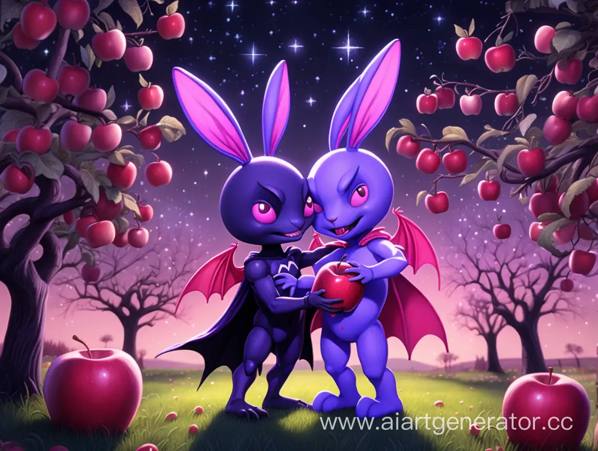 A purple anthropomorphic  humanoid bat hugs a small anthropomorphic humanoid pink rabbit in an apple orchard at night with the stars twinkling brightly but evil spider