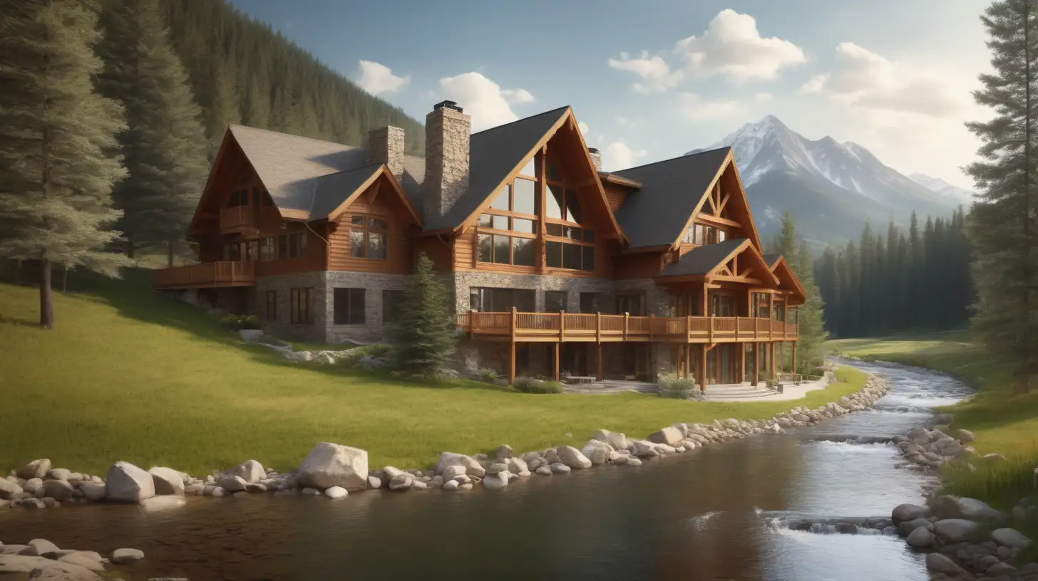 Create an image of a large mountain home with lots of natural light next to a creek or river