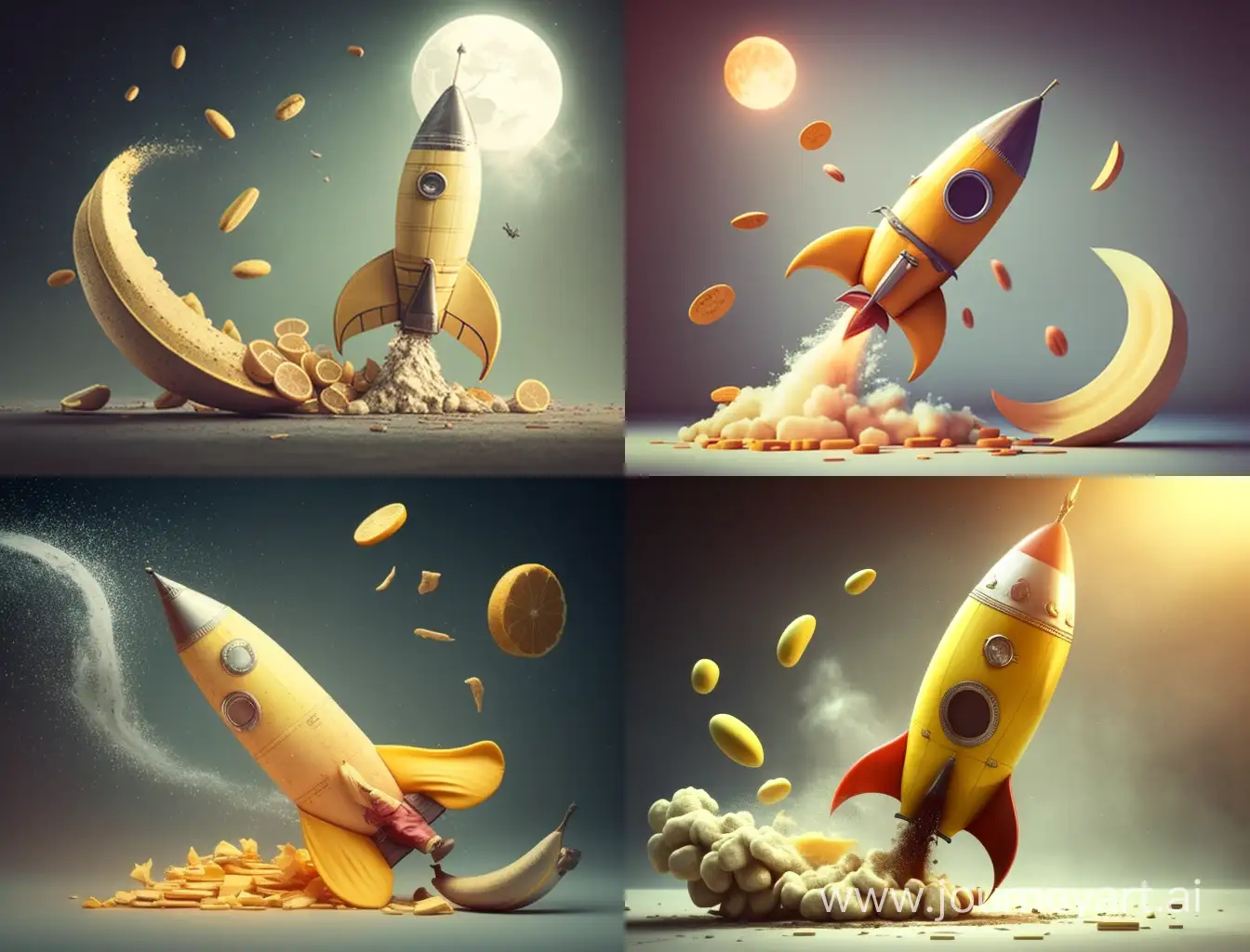 Банан сидит на ракете а с ракеты падают монеты