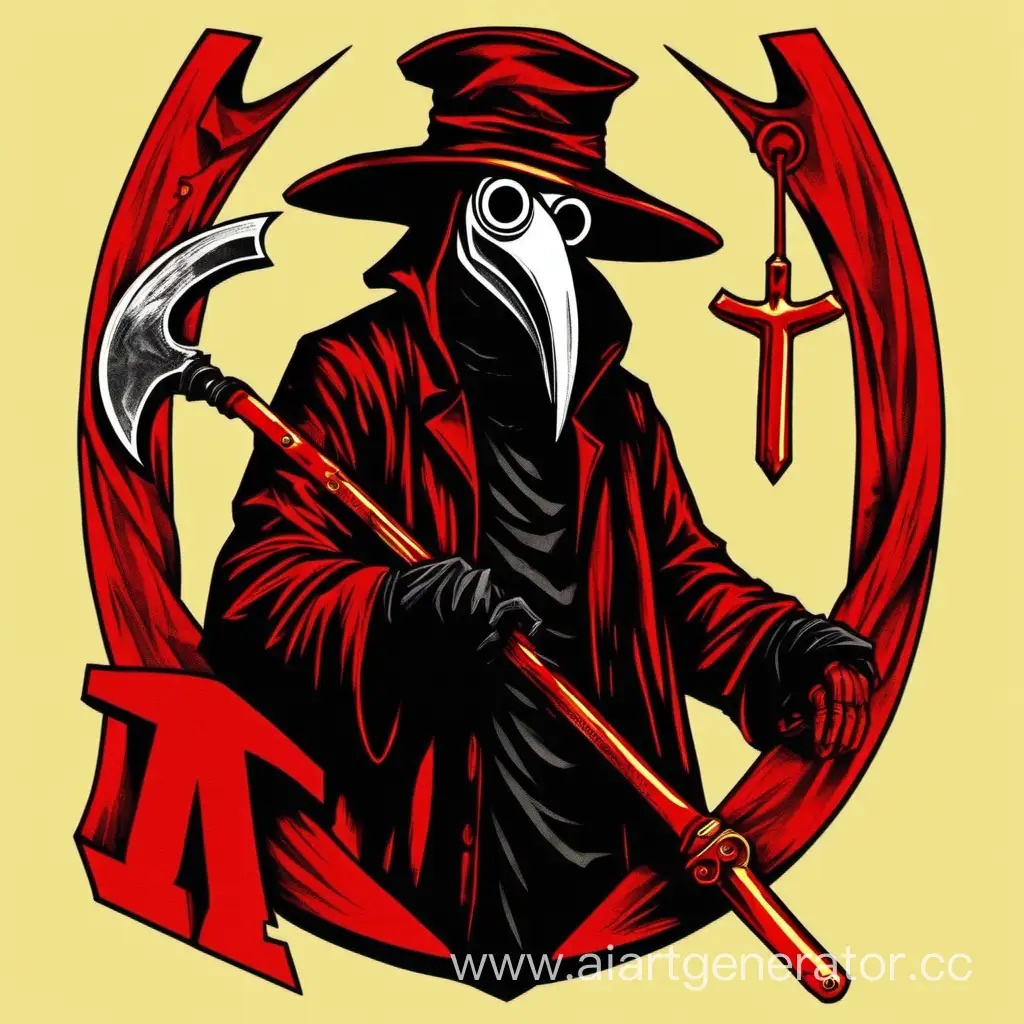 USSR-Communist-Revolution-Depicted-by-Plague-Doctor-with-Sickle-and-Hammer-in-Red-Gold-and-Black
