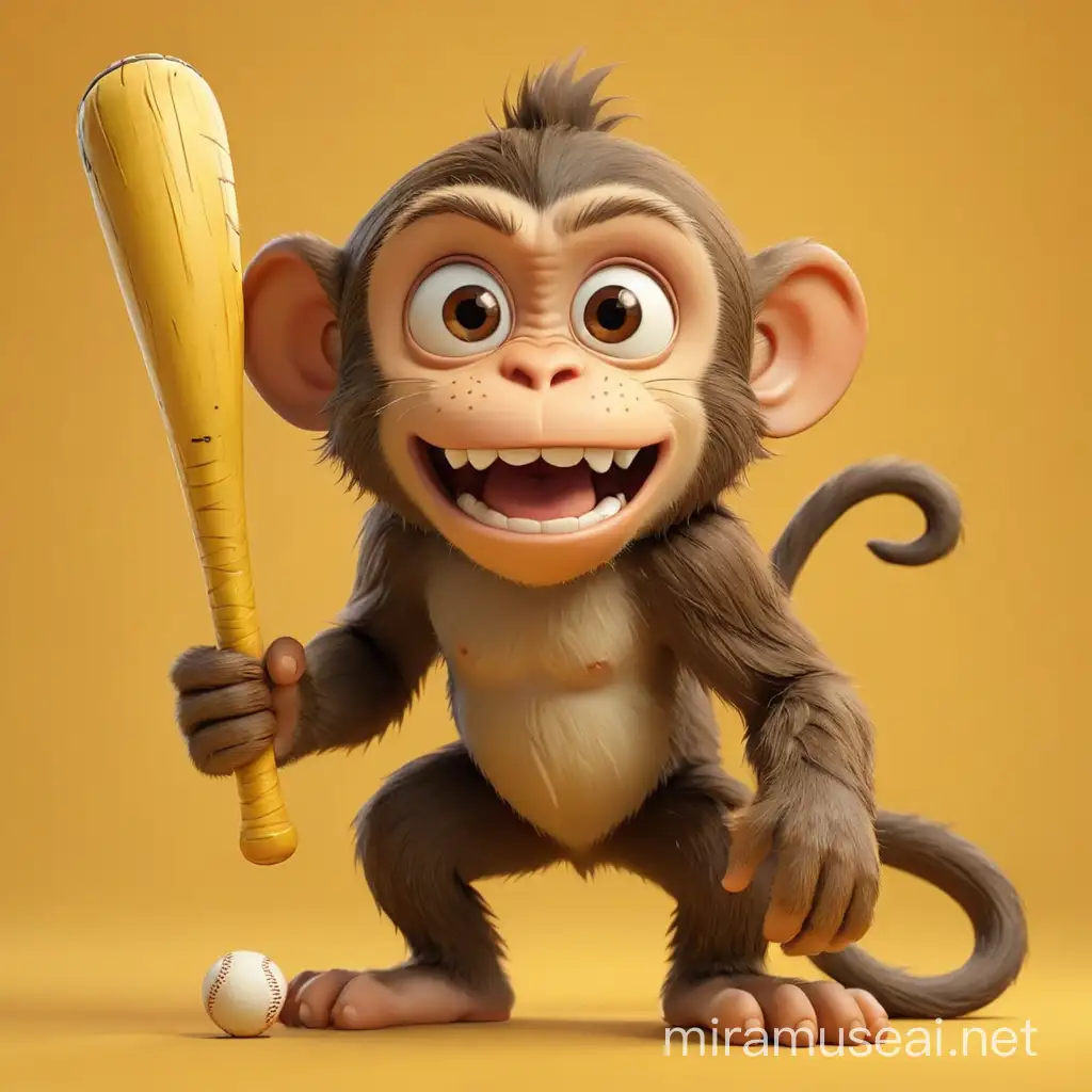 A high-quality 3D studio photograph of a cartoon monkey holding a baseball bat, set against a vibrant yellow background. The monkey features playful, whimsical styling with colorful and detailed textures, emphasizing its animated character. The yellow backdrop enhances the lively and fun essence of the scene.