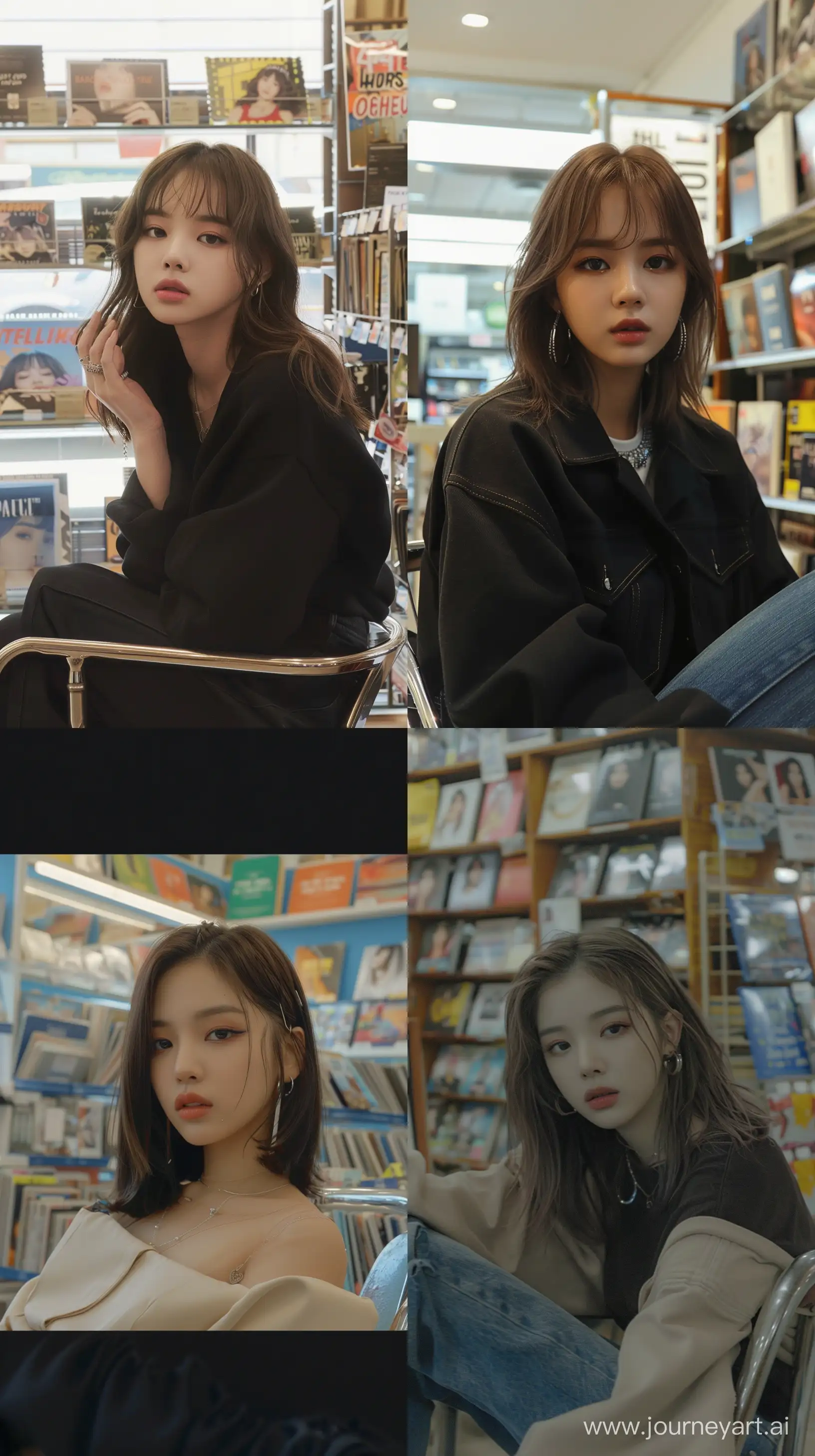 a blackpink's jennie with medium wolfcut hair, wide set eyes, aestethic make up, sit on a chair inside album store --ar 9:16