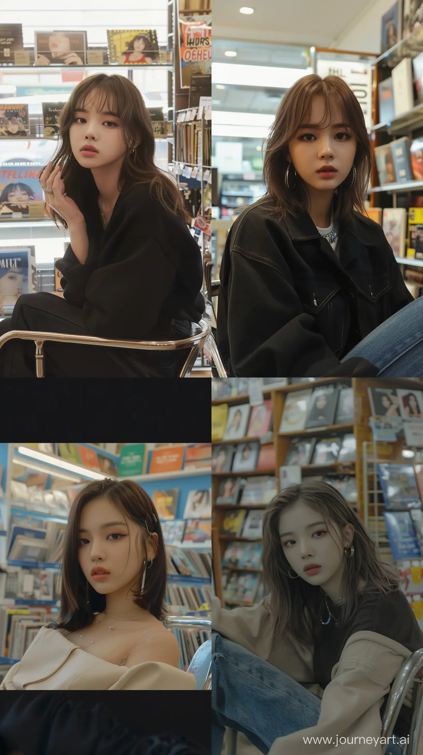 Blackpinks-Jennie-with-Medium-Wolfcut-Hair-in-Aesthetic-Makeup-Sitting-Inside-Album-Store