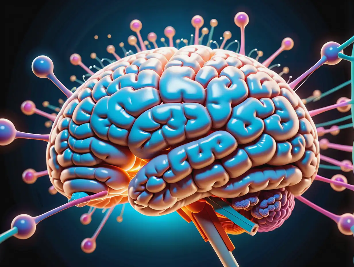 Create an image of a brain with GSH Complex molecules interacting with dopamine and norepinephrine receptors to illustrate the benefits of GSH Complex in managing ADHD.