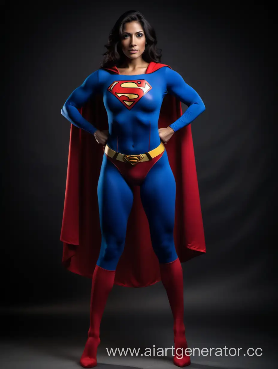 The central focus is a confident, happy South American woman of 27 years, exuding strength and power. Her impressive physique features extremely developed muscles across her arms, legs, chest, and abdomen, accentuated by her large breasts. She embodies a superhero persona, radiating heroism and might. The portrayal captures her in a full-body Superman costume, showcasing a matte spandex texture. The blue leggings and sleeves contrast with the iconic red briefs and a long, flowing cape, evoking the classic Superman look. This composition is reminiscent of 'Superman: The Movie,' employing a professional photo studio to create a vibrant and striking portrait that embodies the strength and heroism associated with the Superman character.