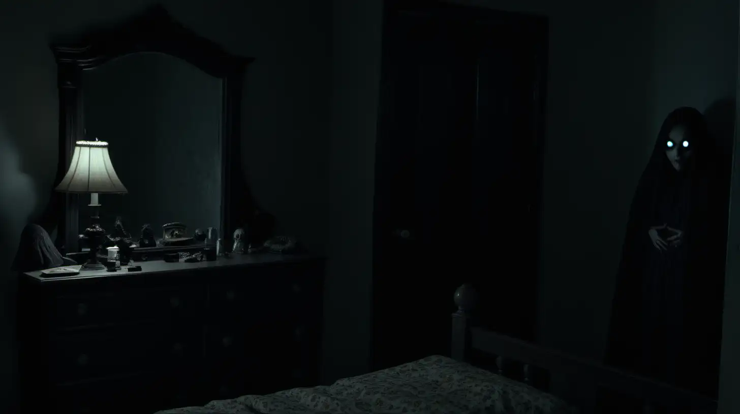 A dark bedroom, with a dresser further in the background along the wall, everything look normal, except a pair of very creepy evil eyes that are just barely noticeable in the dressers mirror.
