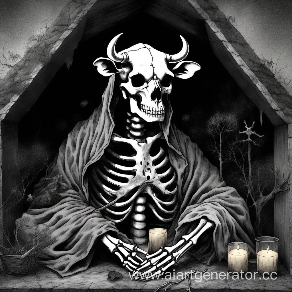 Skeleton in mantle keeps cow head in hands dull weather dark