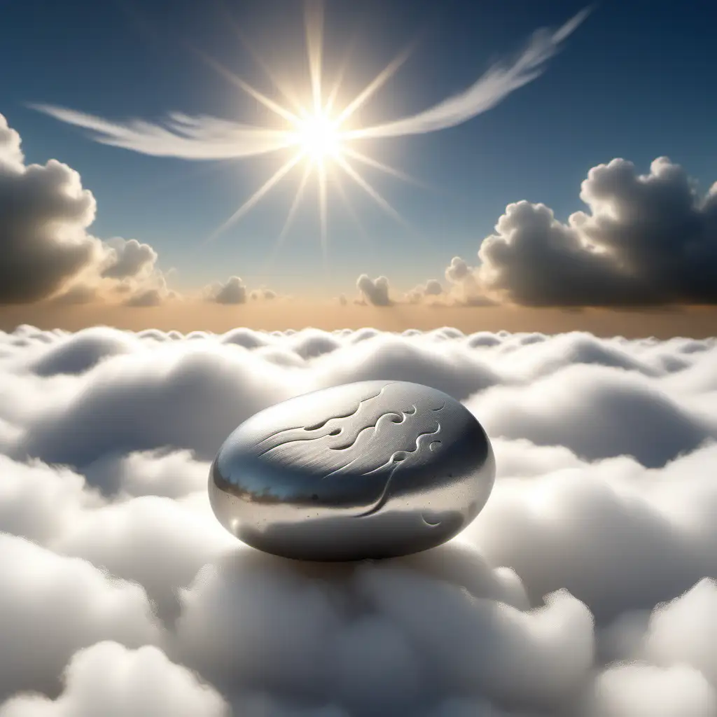A silver pebble stone with swirling clouds and a background of fluffy clouds mostly obscuring the sun