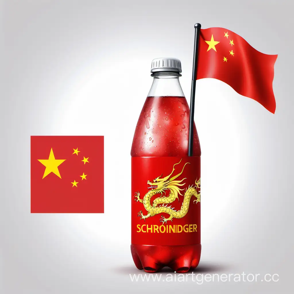 Нарисуй пластиковую бутылку под газированный напиток красного цвета с флагом Китая и золотым драконом, а также с надписью Schrödinger