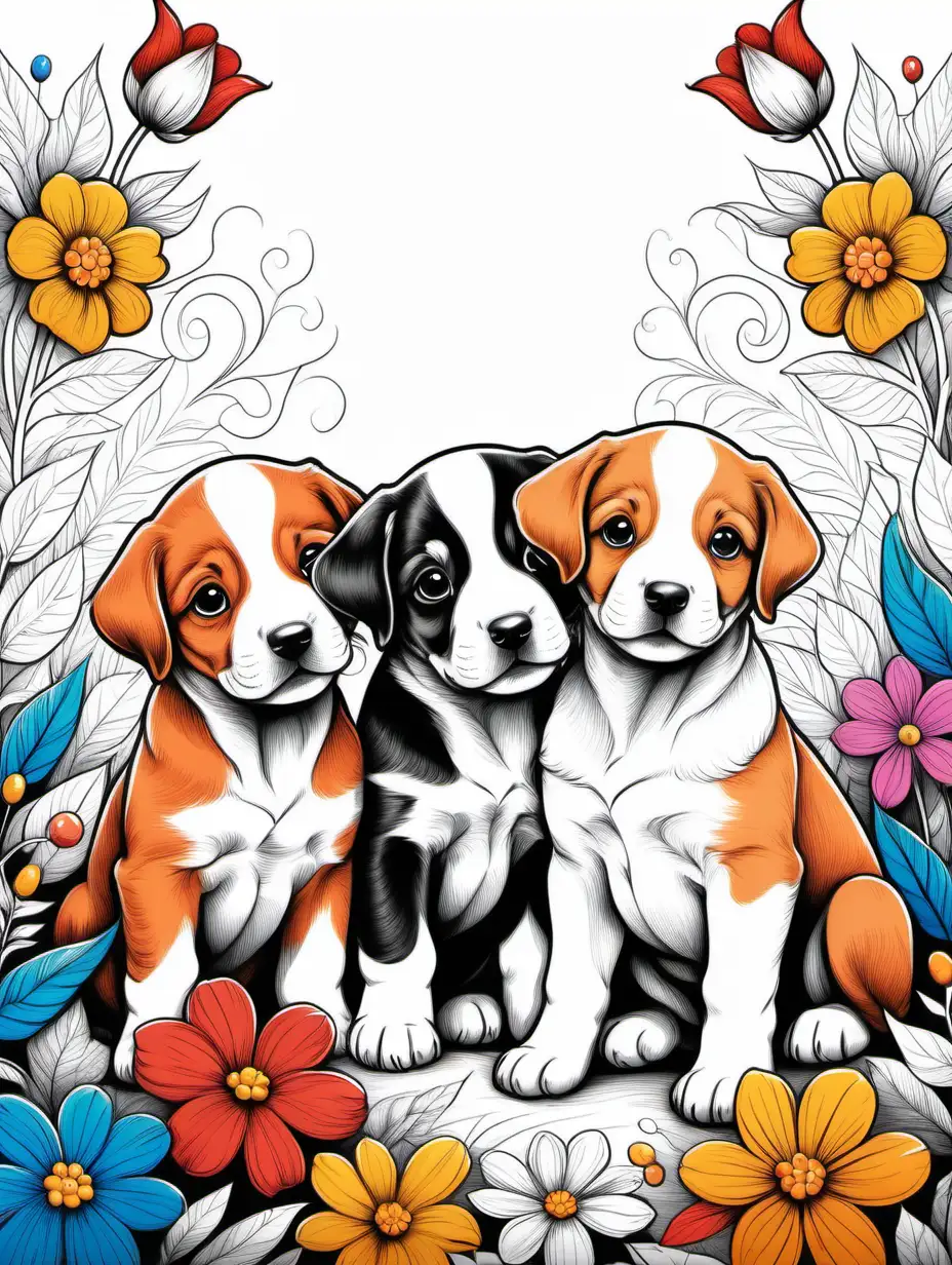 3 puppies, colorful floral background, vivid primary colors, flat illustration, clean line art, smooth line, natural lines, harmonic, highly detailed, concept art, smooth, sharp focus, colorful, coloring book, sketchbook, realistic sketch, free lines, on paper,  blank space at the top for a book title